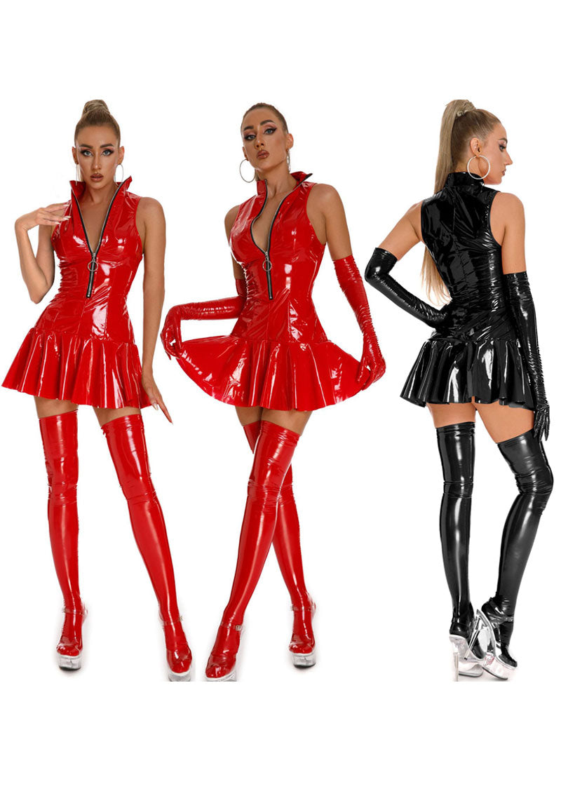 Patent PU Leather Mirror Lingerie Women Tight One Piece Dress