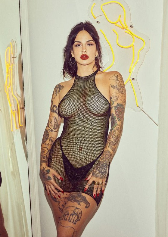 V-Day Mock Neck Fishnet Slip