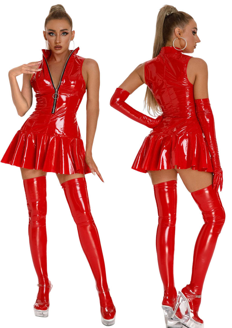 Patent PU Leather Mirror Lingerie Women Tight One Piece Dress